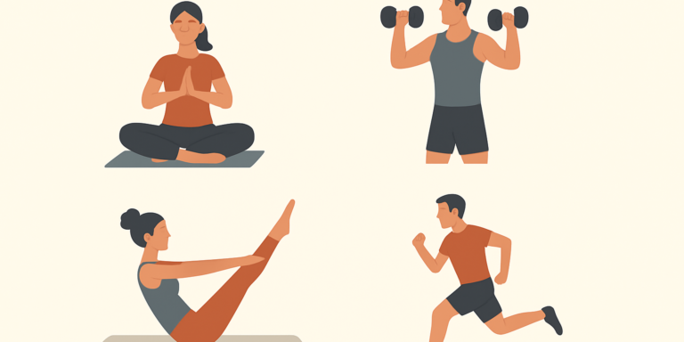 L'image présente des illustrations qui font un sport différent chacun; le yoga, le pilates, la musculation et la course.